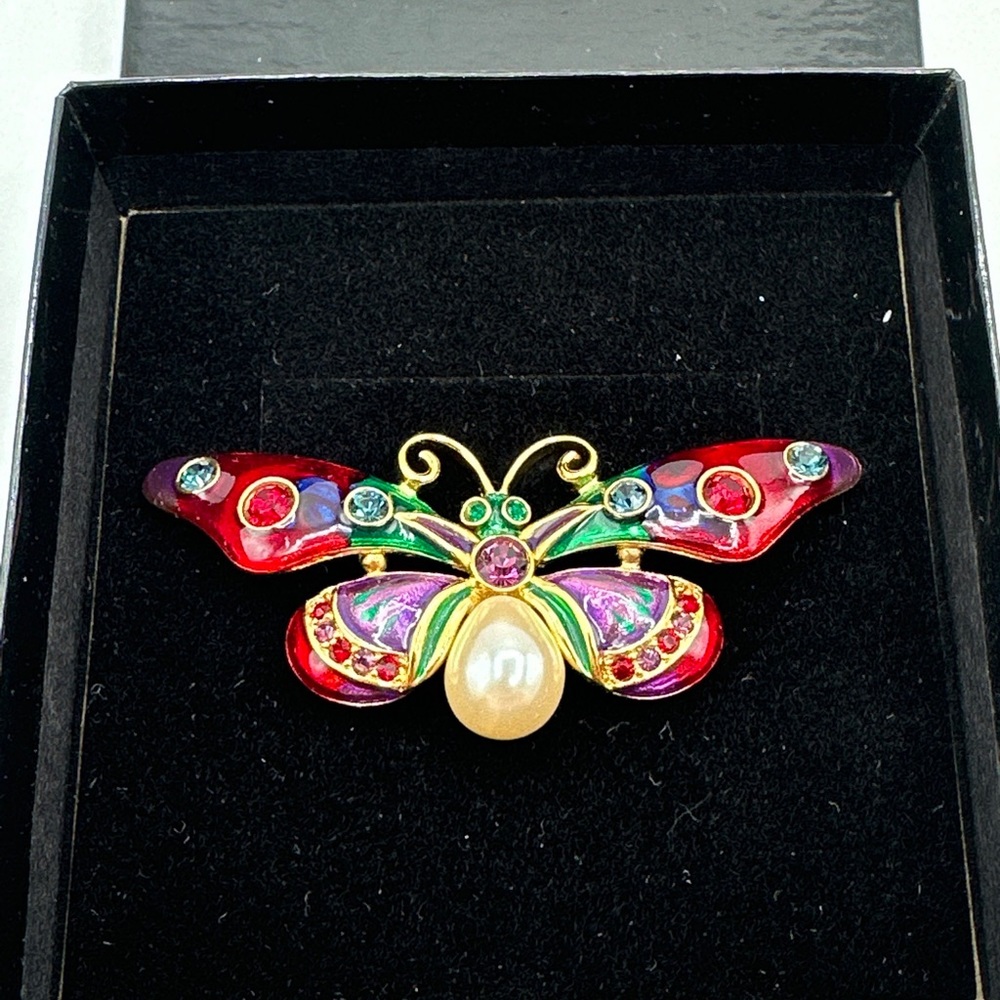 JOAN RIVERS Butterfly Brooch Enamel w/ Rhinestones, Faux Pearl, Original Box#314